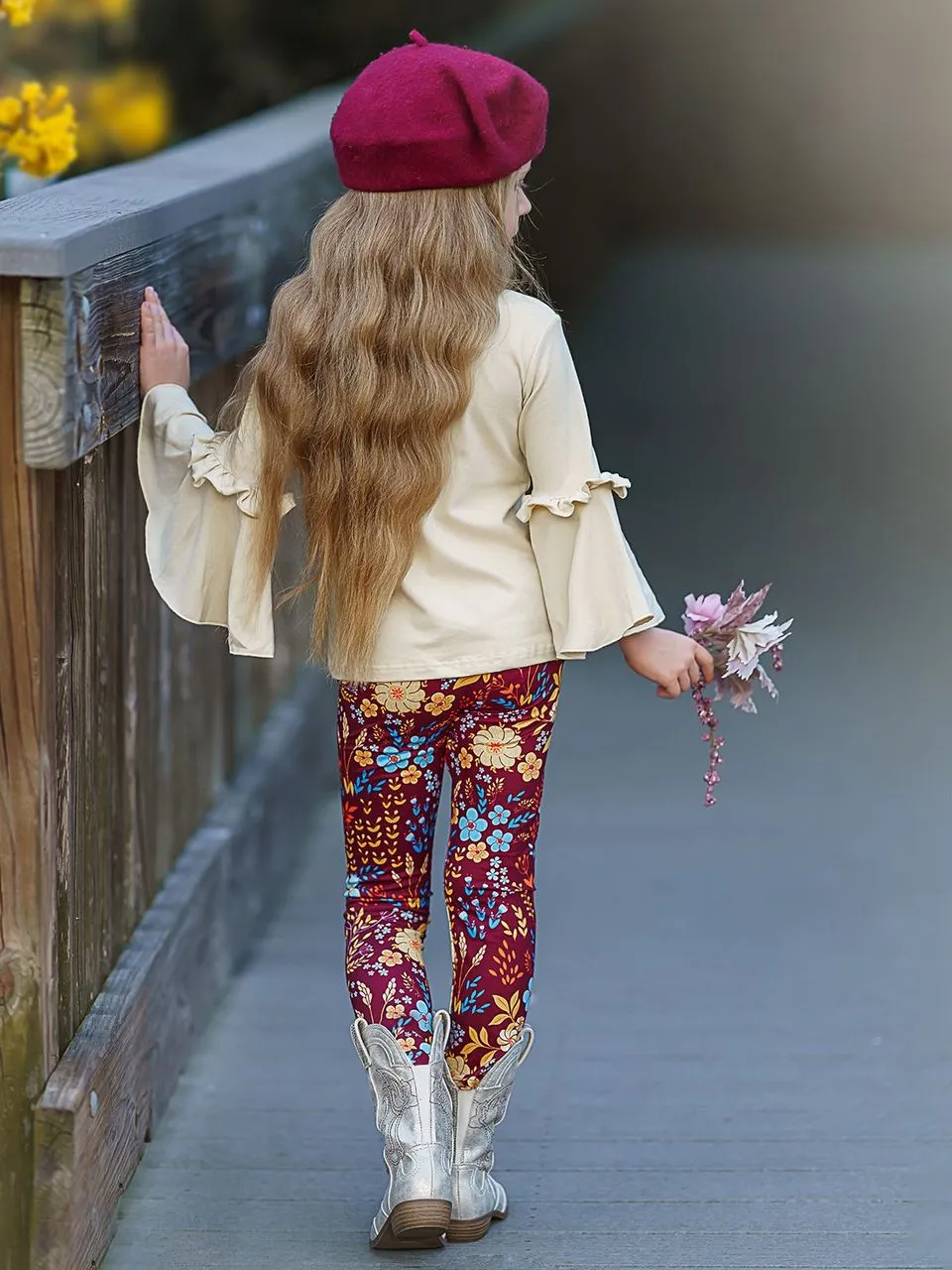 Girls Happy Fall Ya'll Floral Reindeer Print Bell Sleeve Top And Floral Legging Set