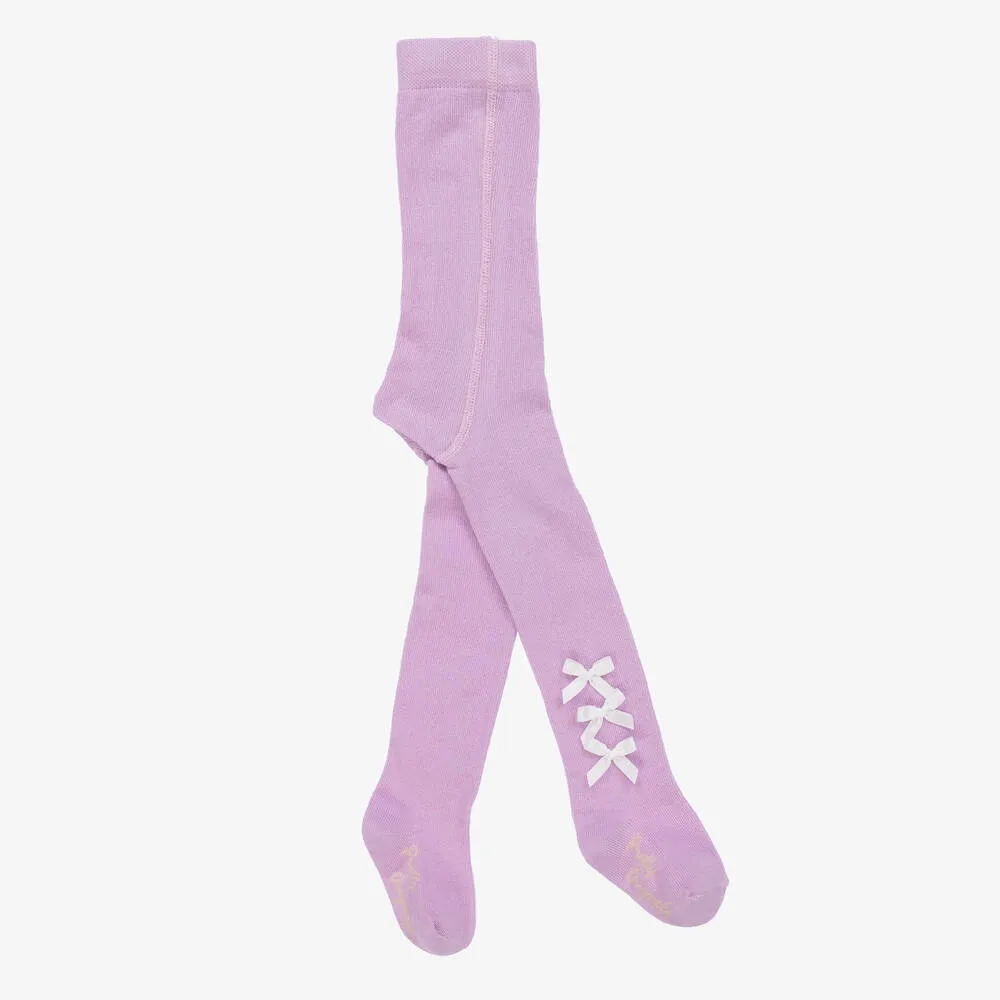 Girls Purple Cotton Bow Tights