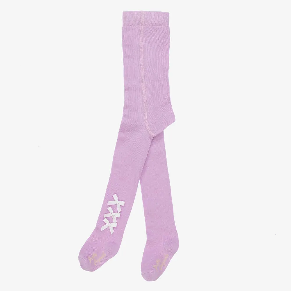 Girls Purple Cotton Bow Tights