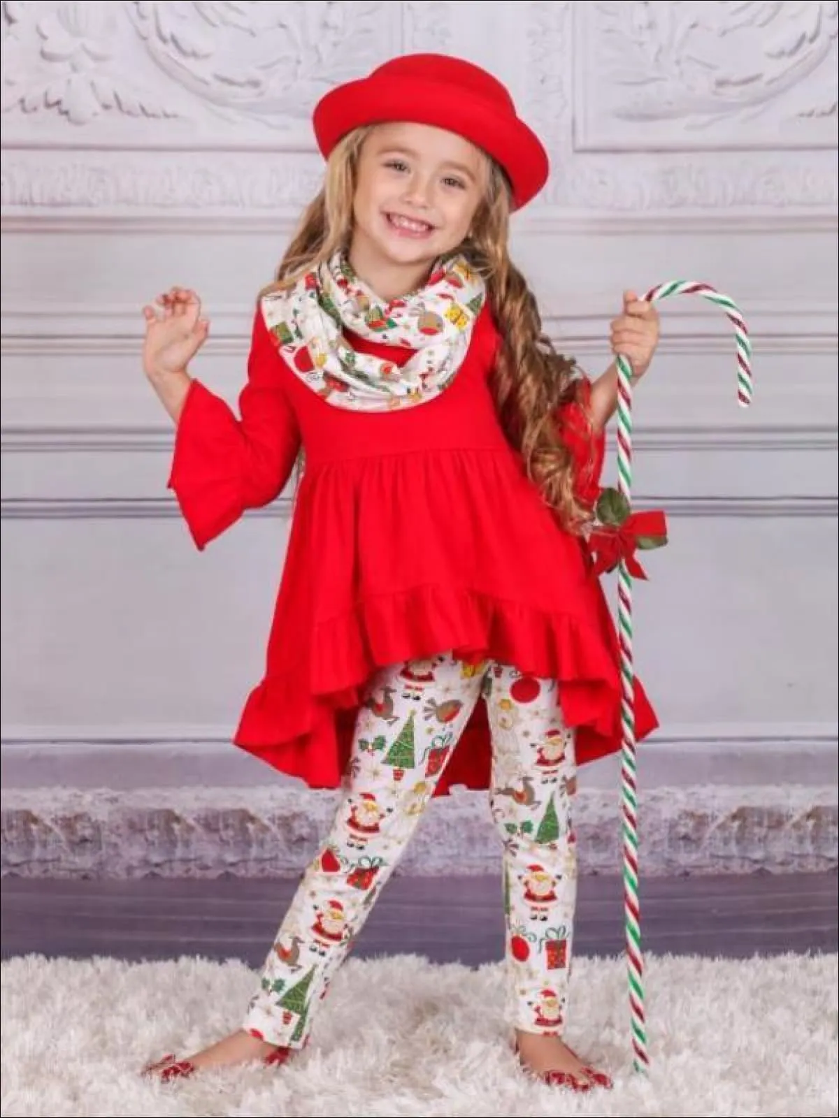 Girls Red Ruffled Tunic, Christmas Print Leggings And Scarf Set