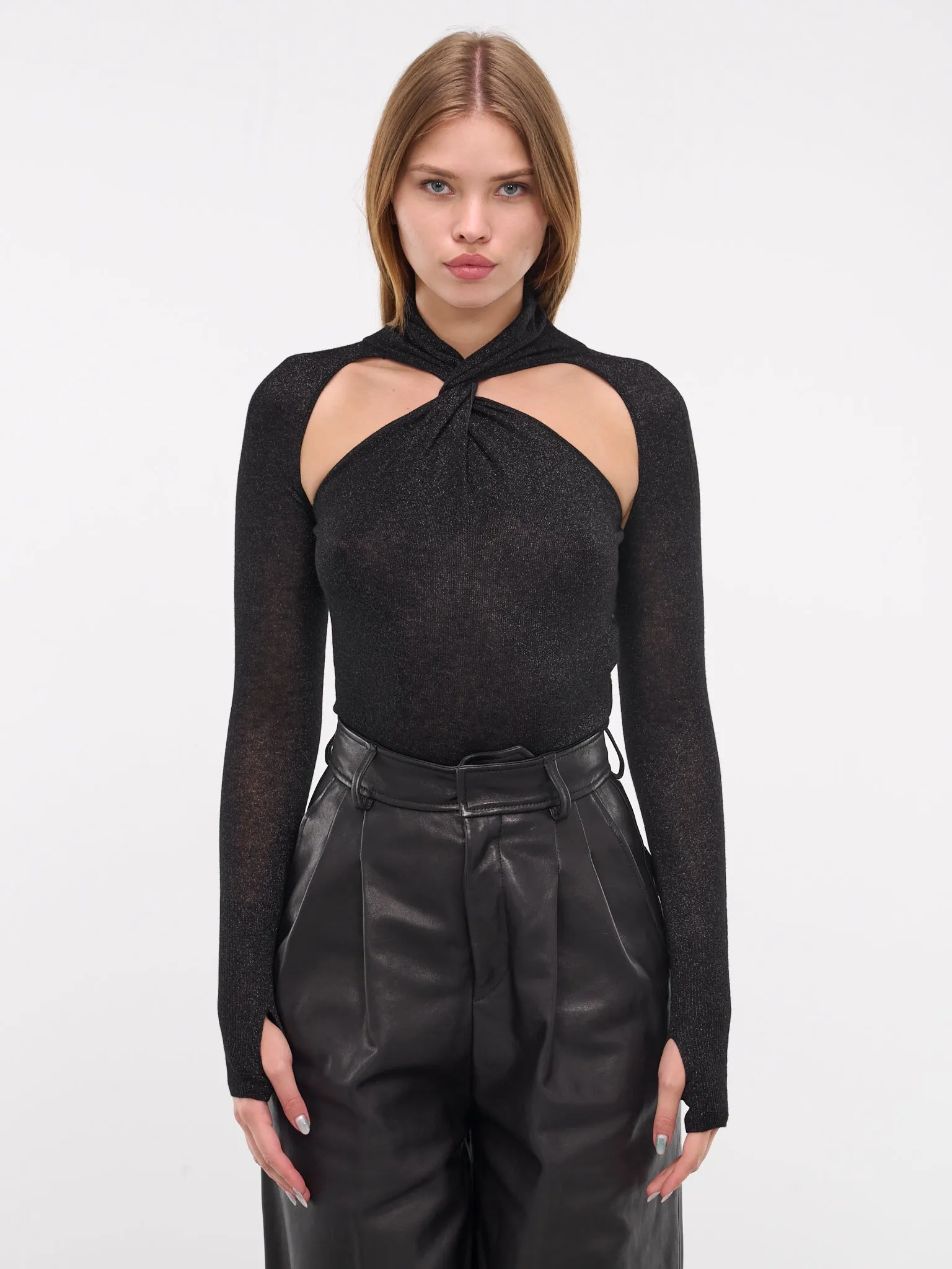 Glossy Cut-Out Twist Knot Sweater (KT10W1BL900-BLACK)