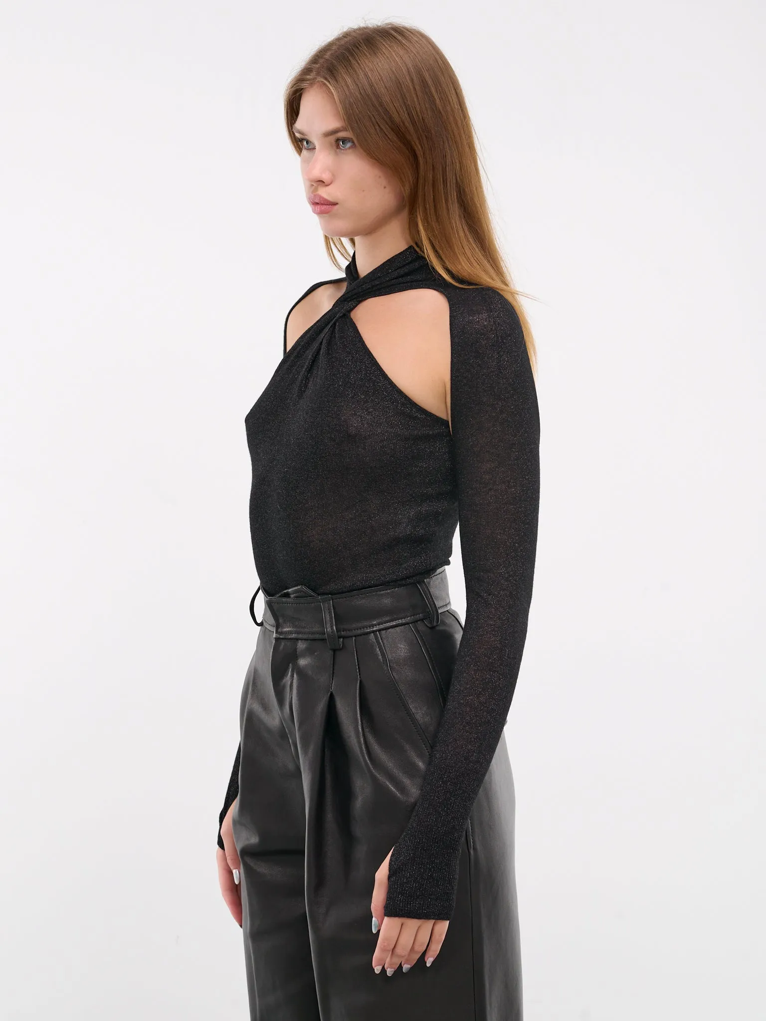 Glossy Cut-Out Twist Knot Sweater (KT10W1BL900-BLACK)