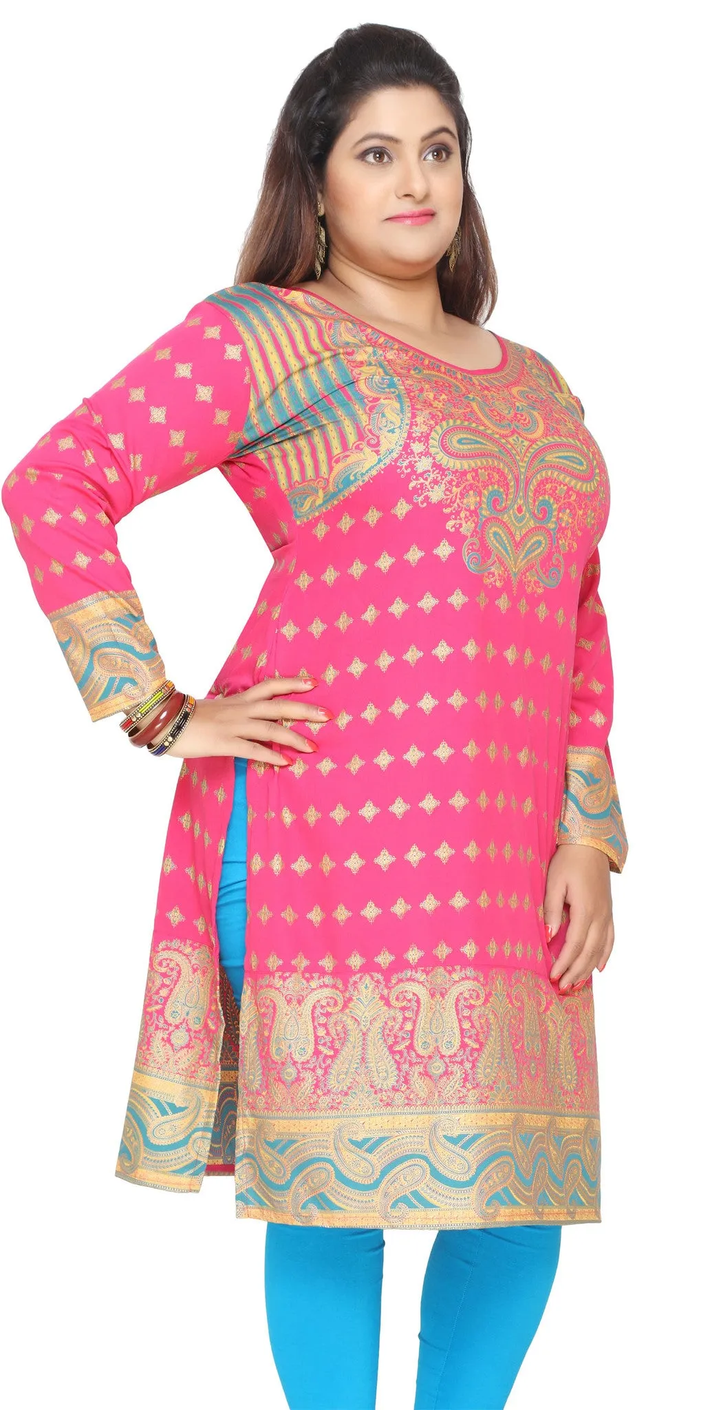 India Tunic Long Top Kurti Womens Plus Size Indian Clothes (Pink)