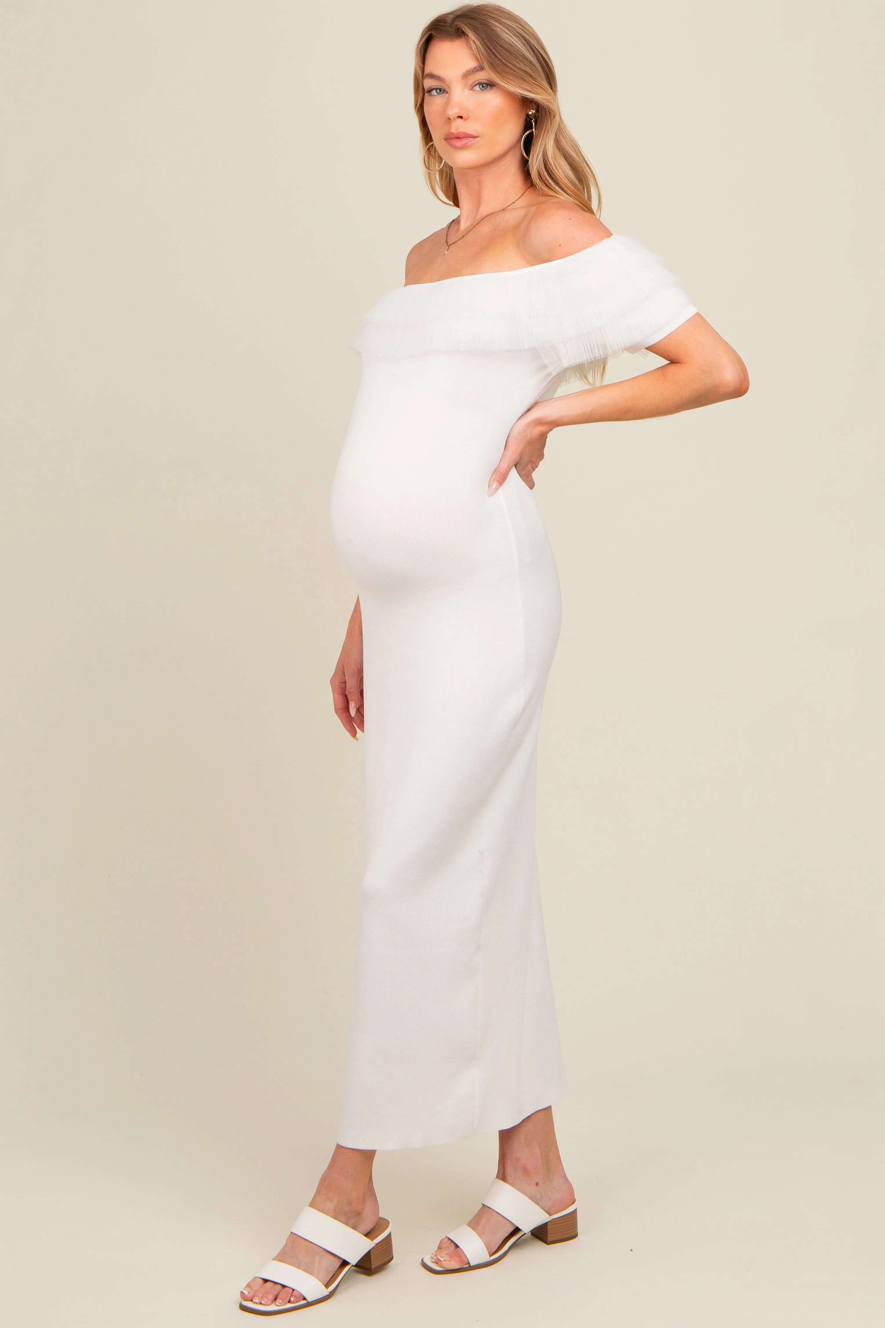 Ivory Tulle Ruffle Off Shoulder Sweater Maternity Midi Dress