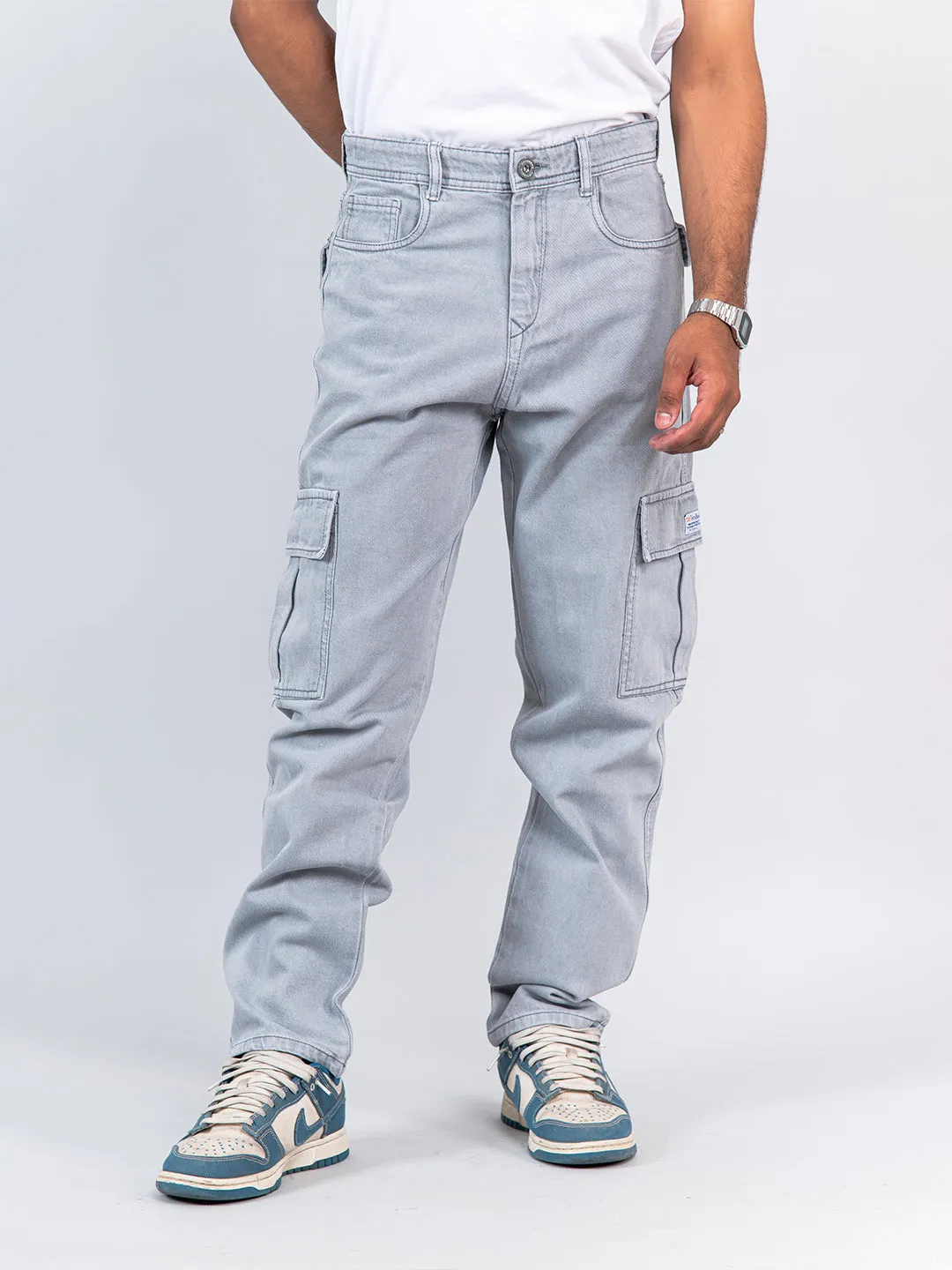 Light Grey Baggy-Fit Cargo Denim Jeans