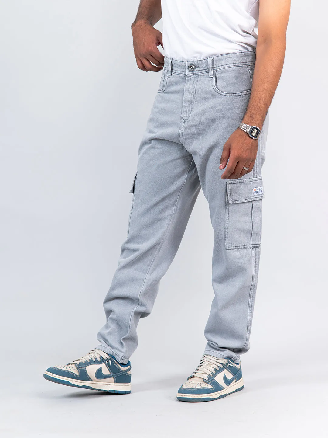 Light Grey Baggy-Fit Cargo Denim Jeans