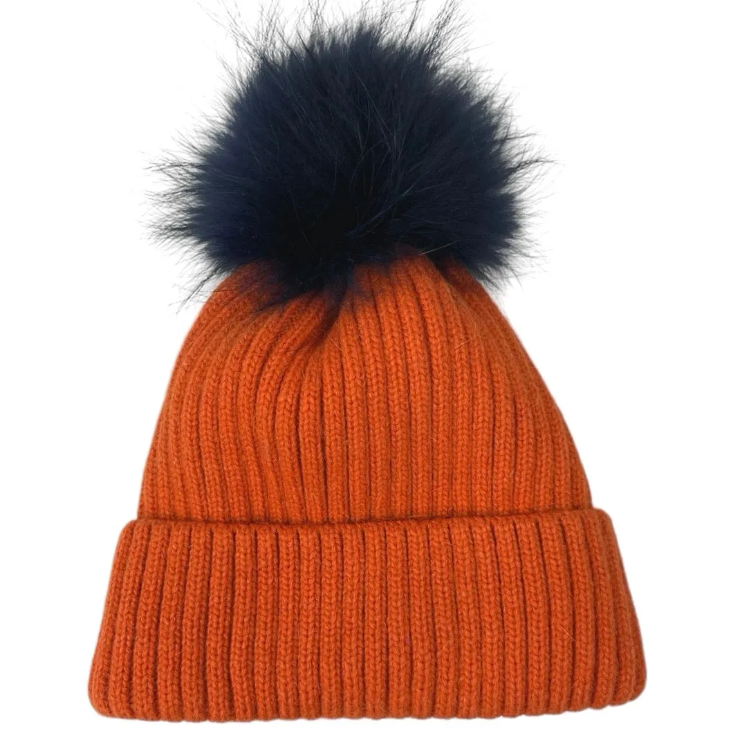 Linda Richards Women's Orange Blue Fur Pompom Chunky Knit Beanie Hat One Size