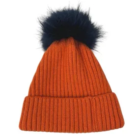 Linda Richards Women's Orange Blue Fur Pompom Chunky Knit Beanie Hat One Size