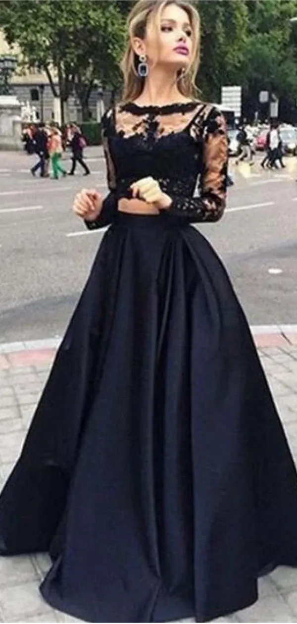 Long Sleeve Two Pieces Black With Clairvoyant Outfit Lace Ball Gown Evening Party Prom Dress,PD0045