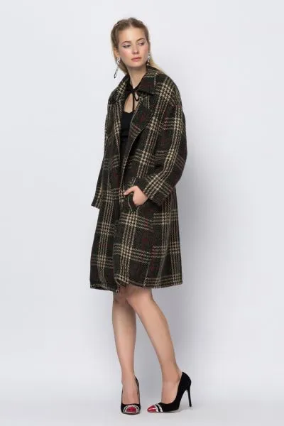 Long Classic Coat for Women with Wool Plaid Design