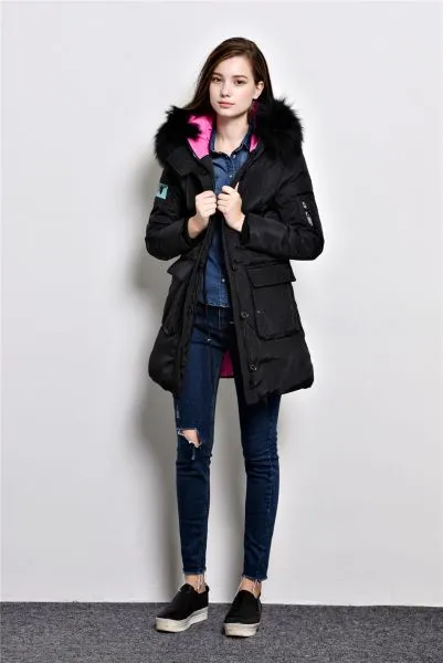 Long padded winter coat for women with fur hood and color contrast