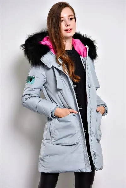 Long padded winter coat for women with fur hood and color contrast