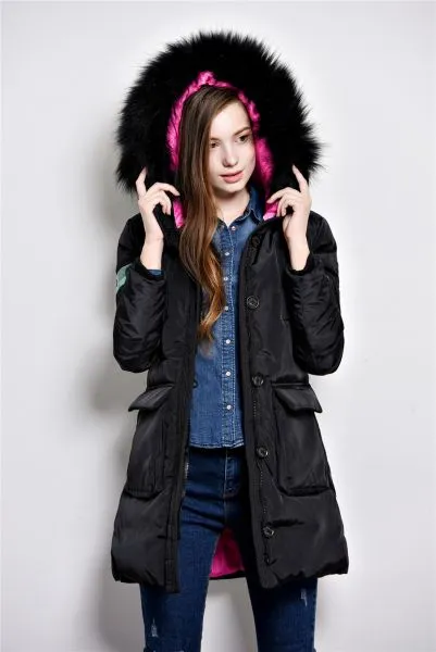 Long padded winter coat for women with fur hood and color contrast