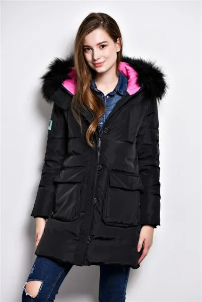 Long padded winter coat for women with fur hood and color contrast