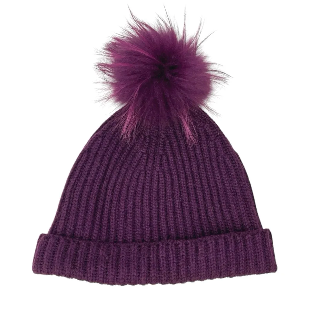 Marc Jacobs Women's Purple Faux Fur Pompom Chunky Knit Beanie Hat One Size