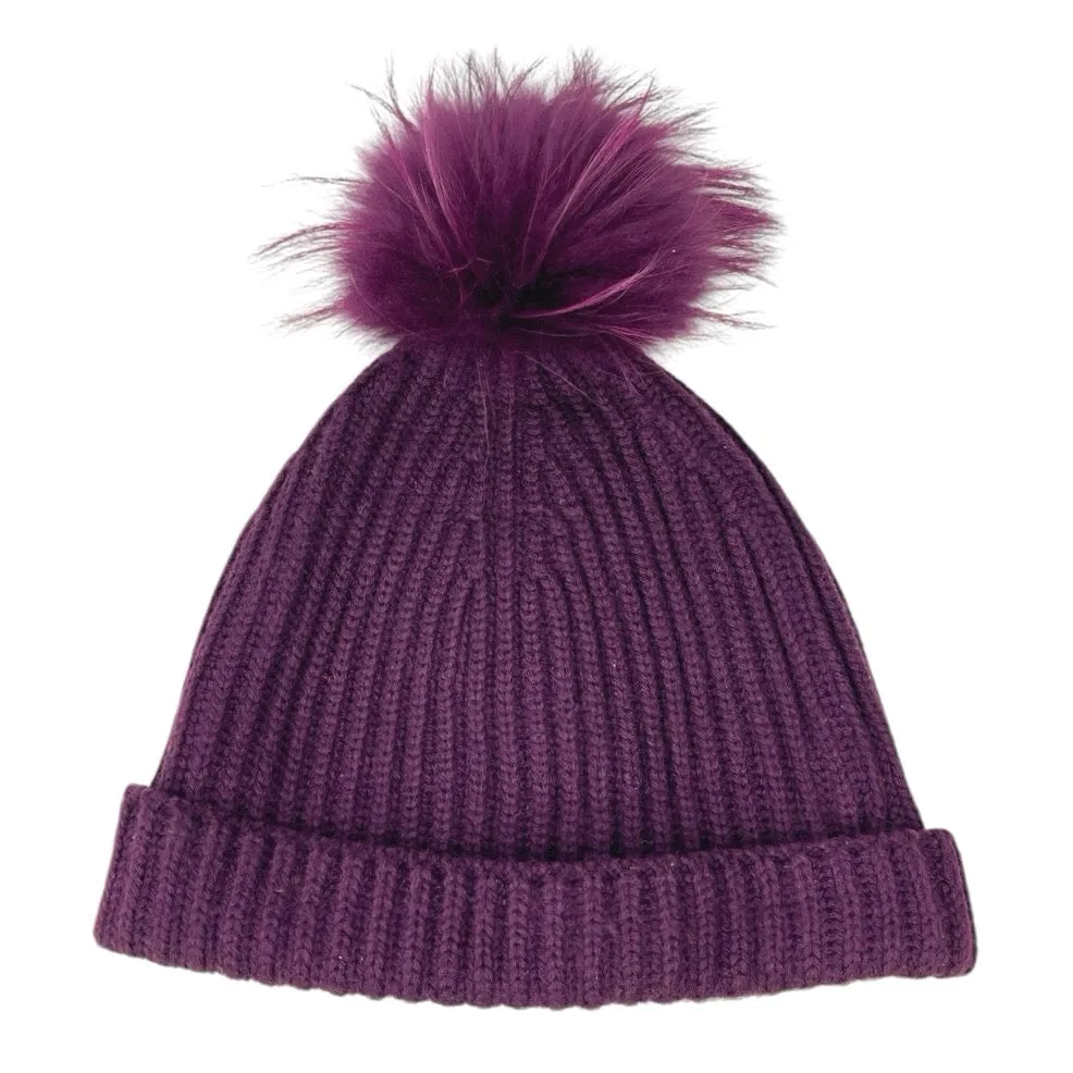 Marc Jacobs Women's Purple Faux Fur Pompom Chunky Knit Beanie Hat One Size