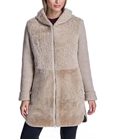 Maximilian Hooded Shearling Coat with Knit Trim