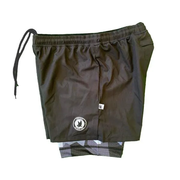 Mens 2-1 Compression Solid Black Eagle 7 Camo Shorts