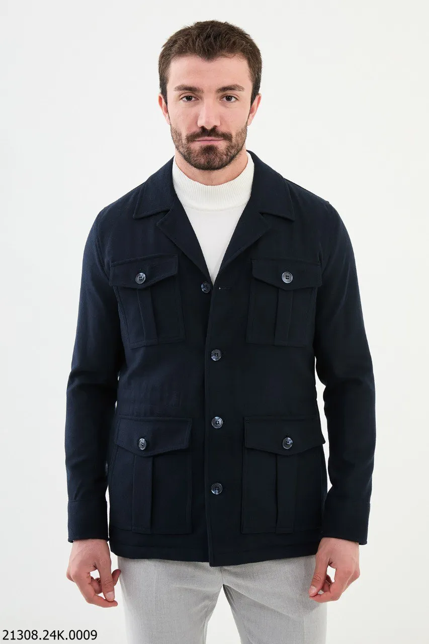 Men's Navy Blue Utility Pocket Cotton Blend Winter Jacket