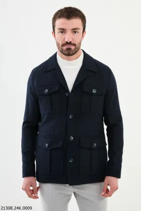 Men's Navy Blue Utility Pocket Cotton Blend Winter Jacket