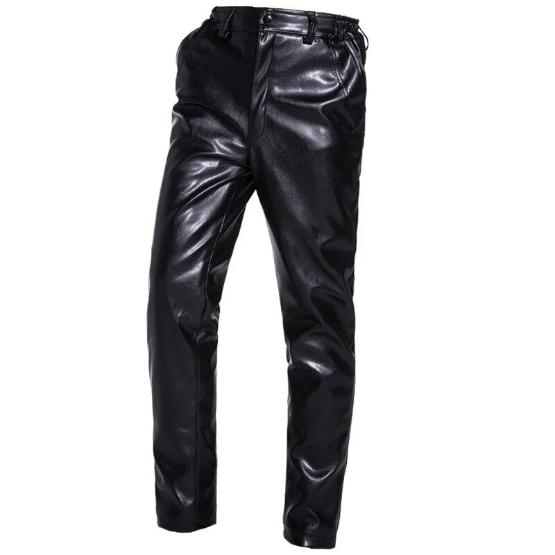 Men's Winter Warm Locomotive Synthetic Leather Casual Brushed Trousers