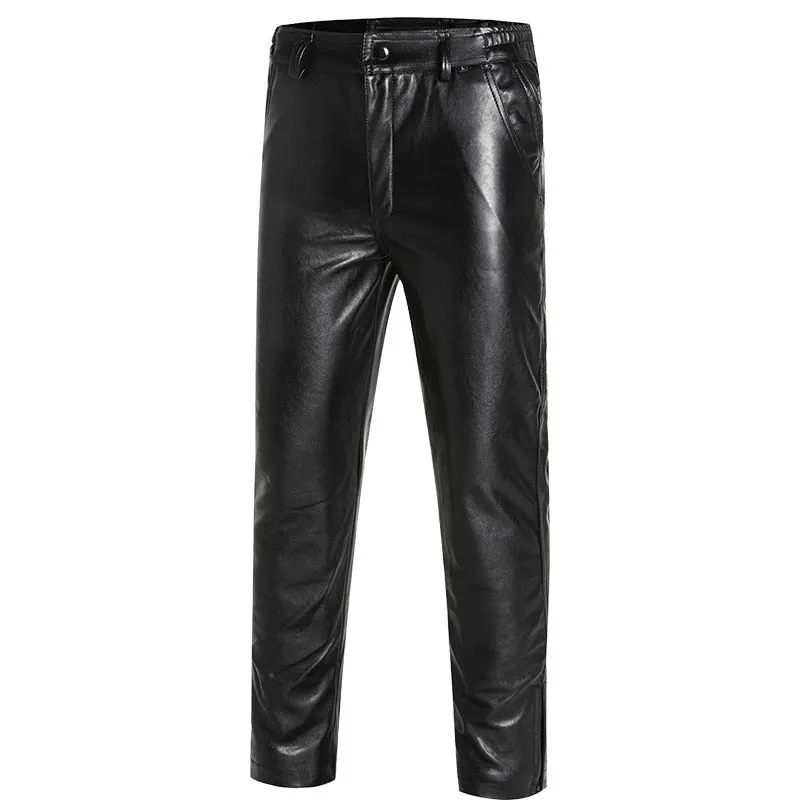 Men's Winter Warm Locomotive Synthetic Leather Casual Brushed Trousers