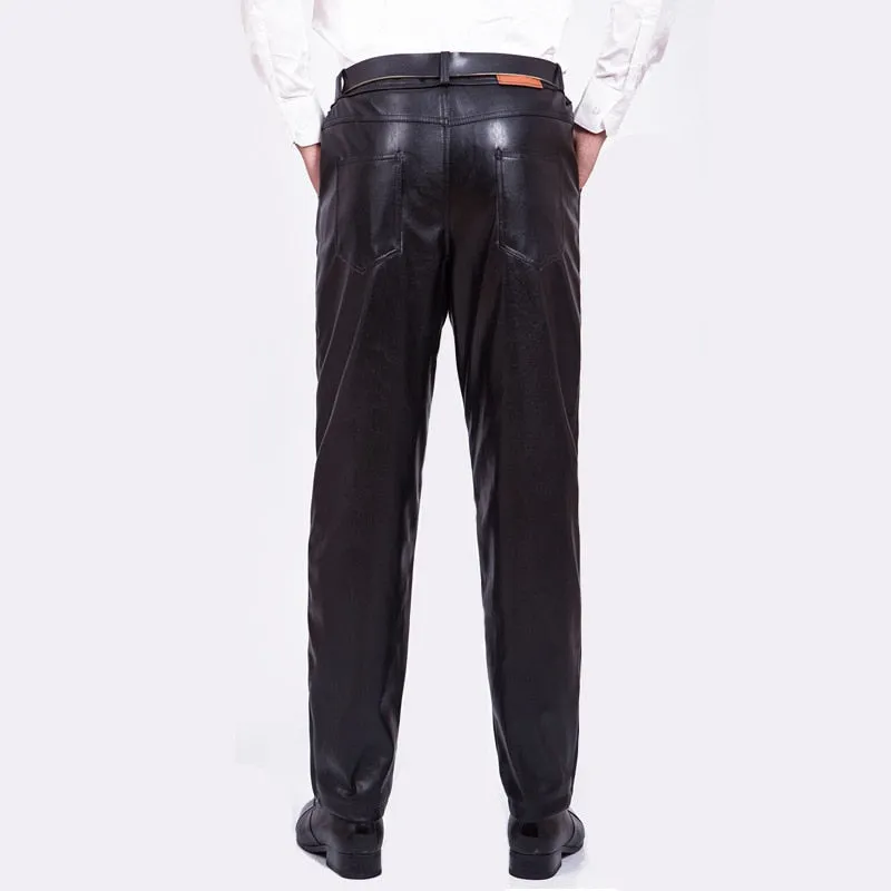 Men's Winter Warm Locomotive Synthetic Leather Casual Brushed Trousers