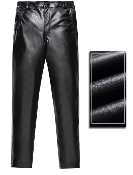 Men's Winter Warm Locomotive Synthetic Leather Casual Brushed Trousers