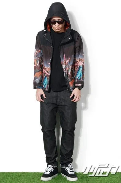 Men's Hooded Windsheeter Jacket Classic Art Renaissance Print - Black