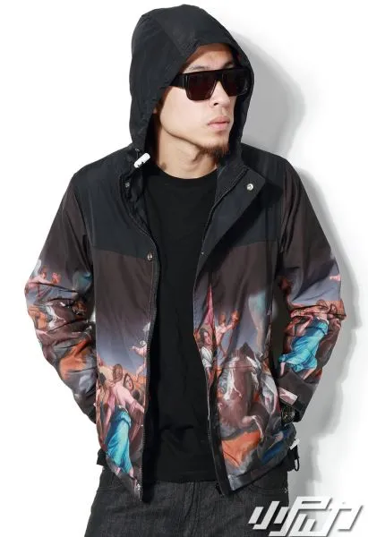 Men's Hooded Windsheeter Jacket Classic Art Renaissance Print - Black