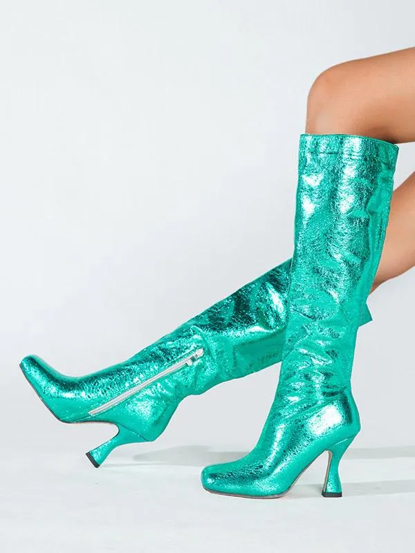 Metallic Knee High Boots Squared Toe High Heel Boots