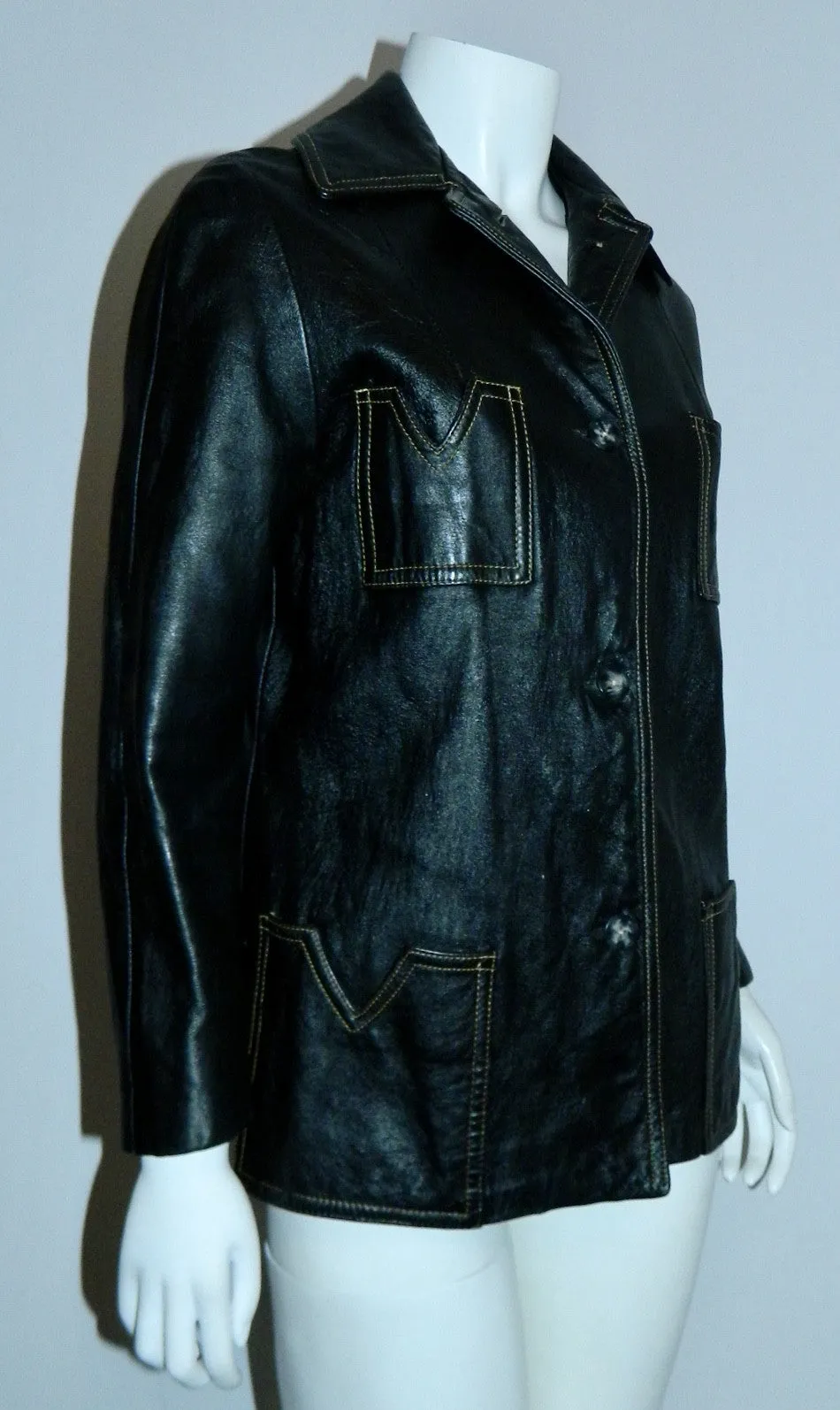 MOD vintage 1960s black leather jacket - contrast stitch S / M