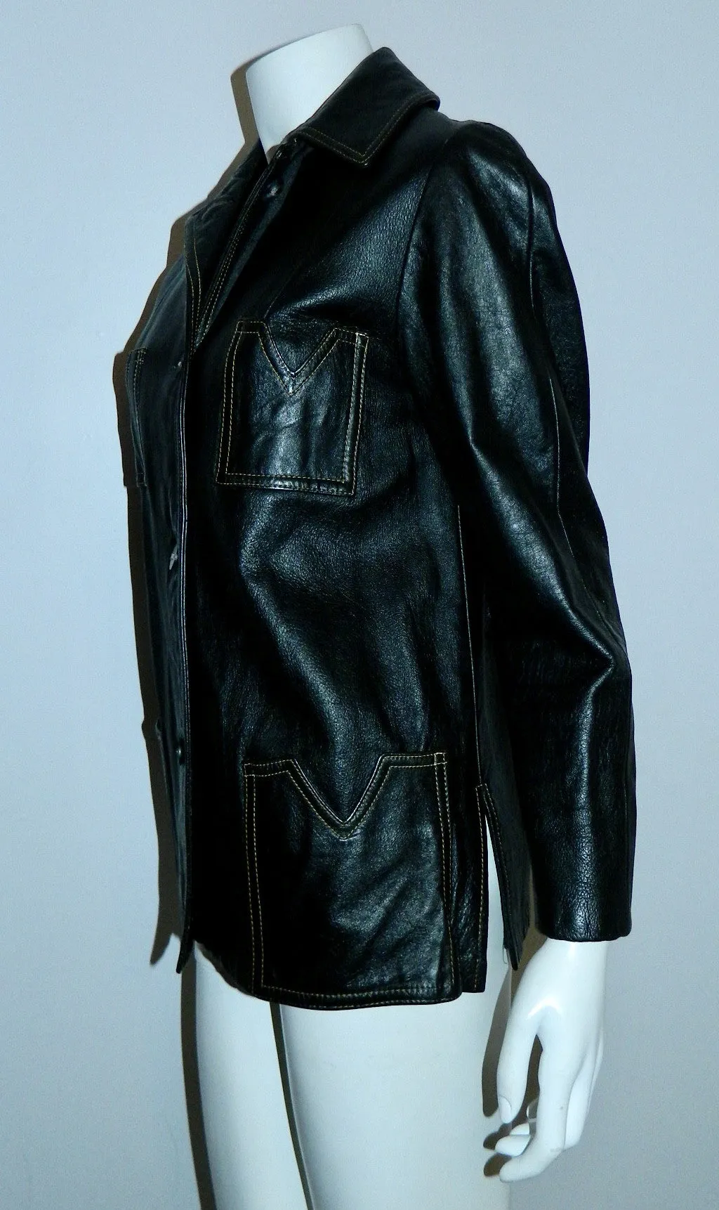 MOD vintage 1960s black leather jacket - contrast stitch S / M