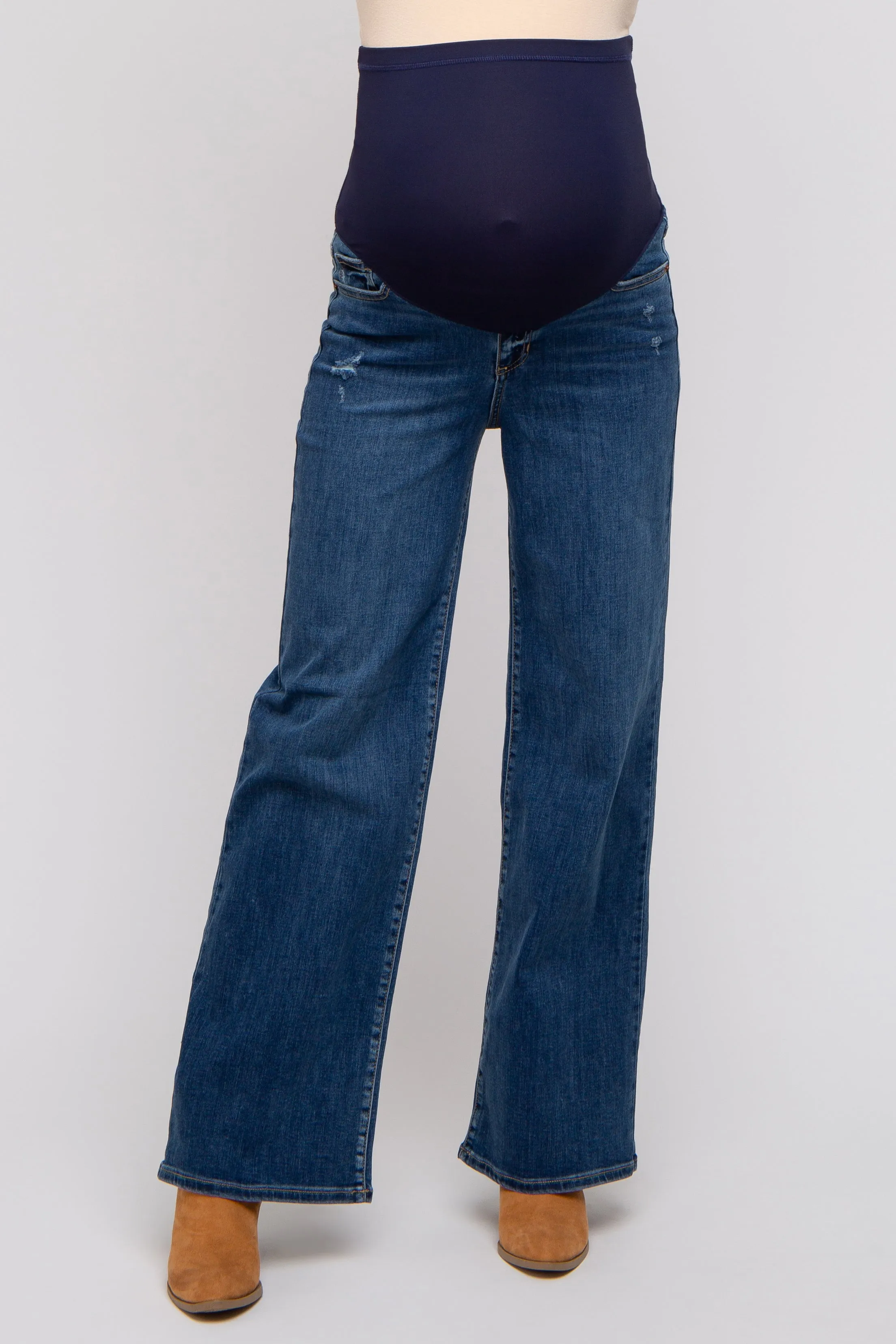 Navy Distressed Accent Wide Leg Maternity Jeans