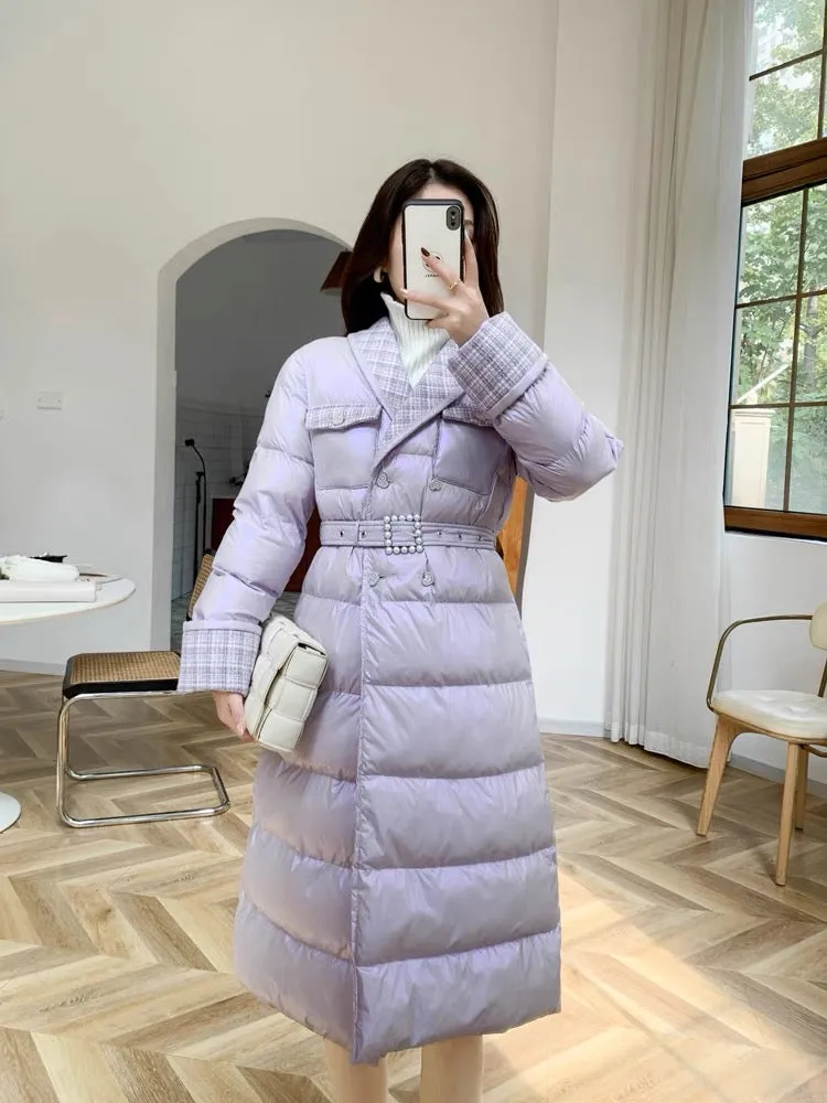 Nori gentle style French retro small fragrance style down cotton coat for women winter French plaid splicing mid-length cotton c