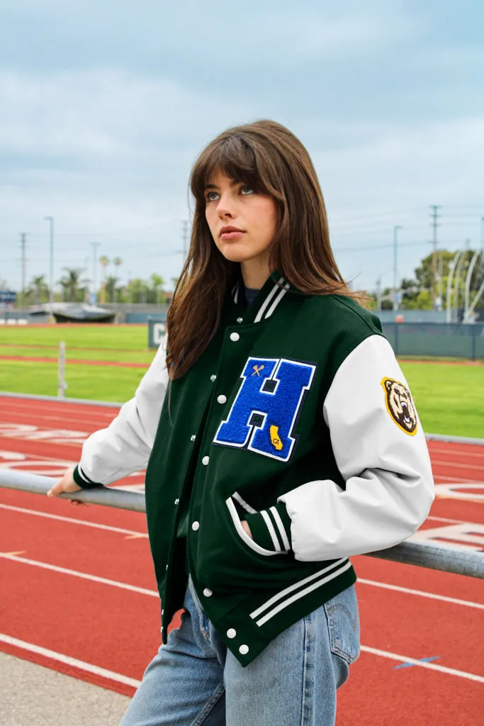 Personalized Adult Wool Leather Varsity Jacket DARK GREEN/WHITE