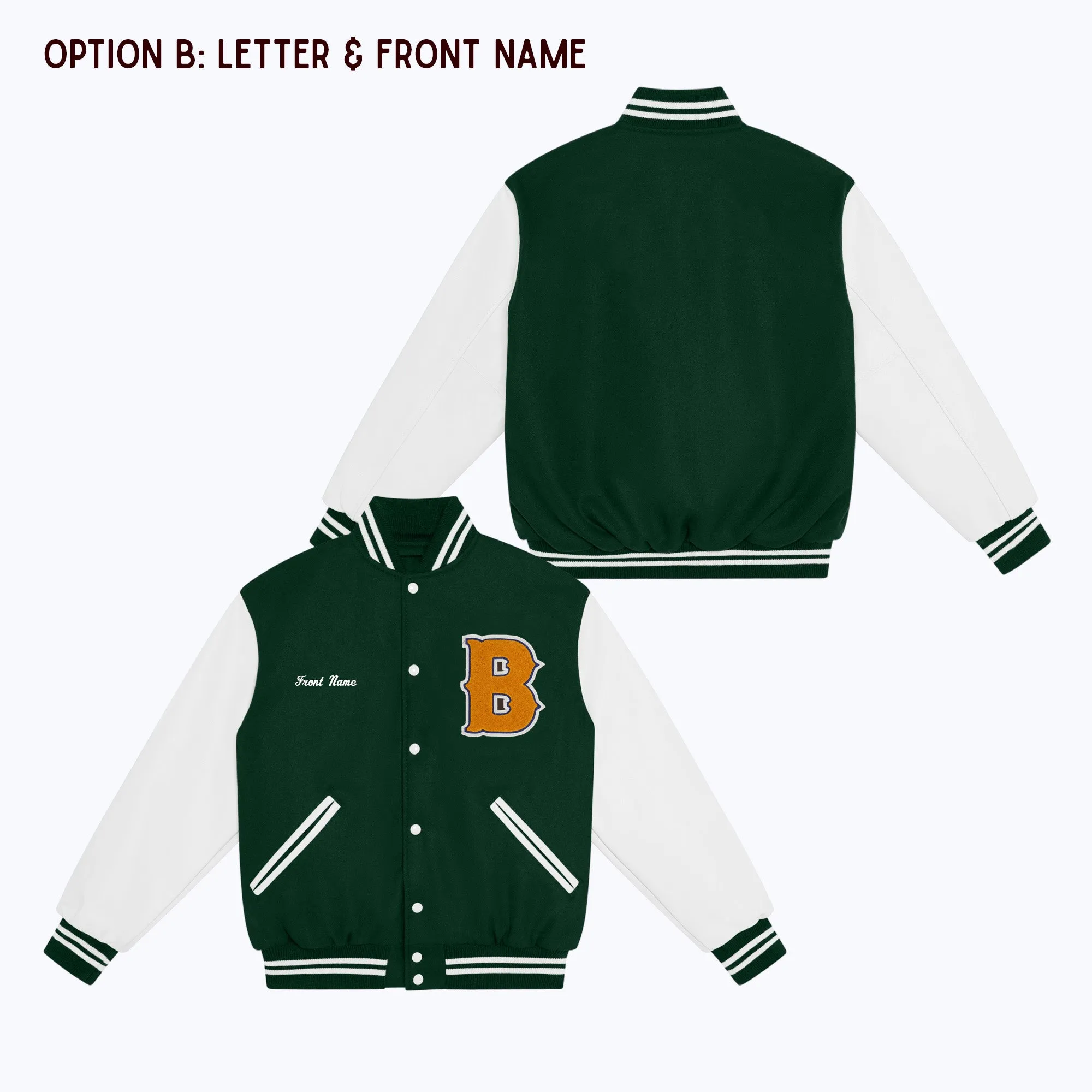 Personalized Adult Wool Leather Varsity Jacket DARK GREEN/WHITE