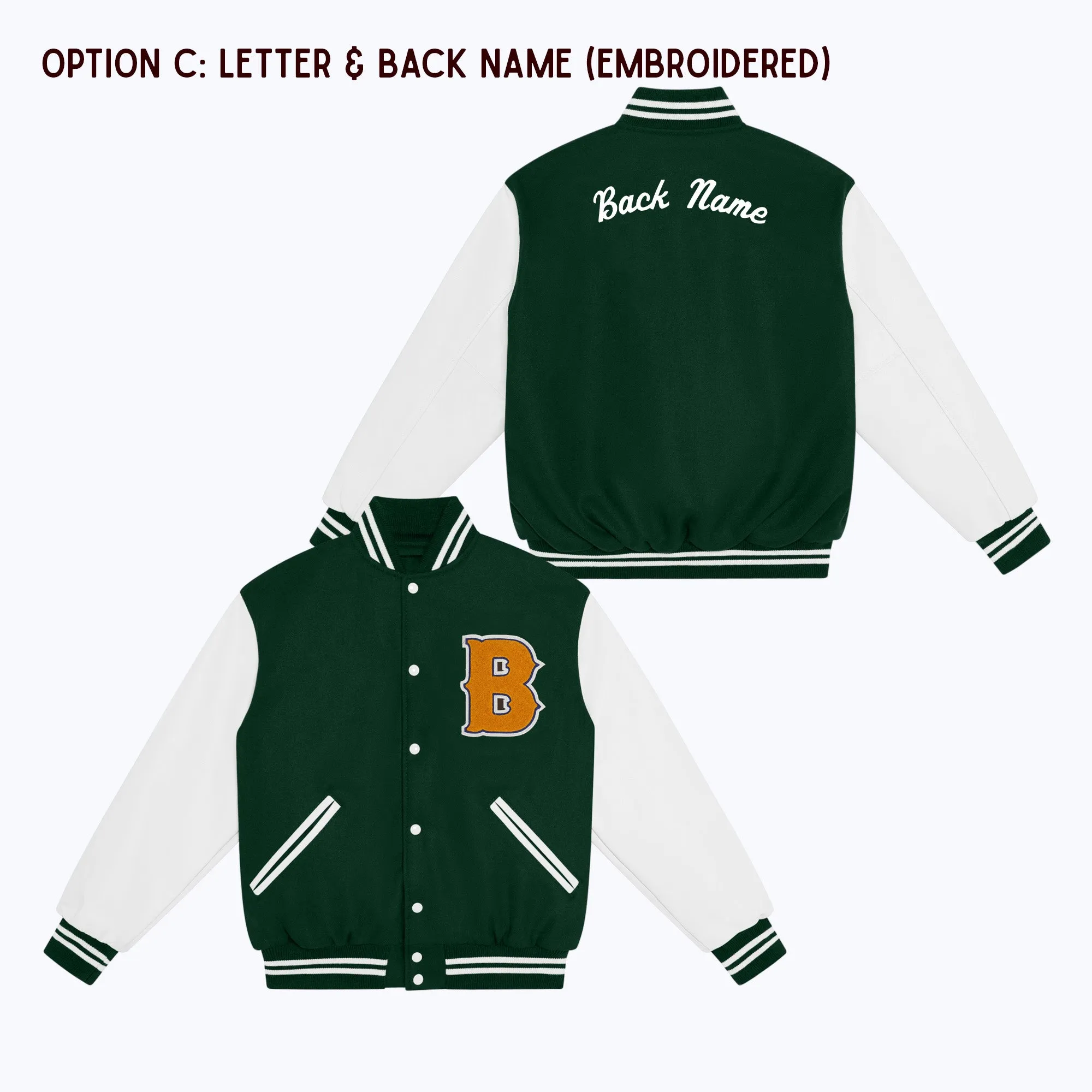 Personalized Adult Wool Leather Varsity Jacket DARK GREEN/WHITE