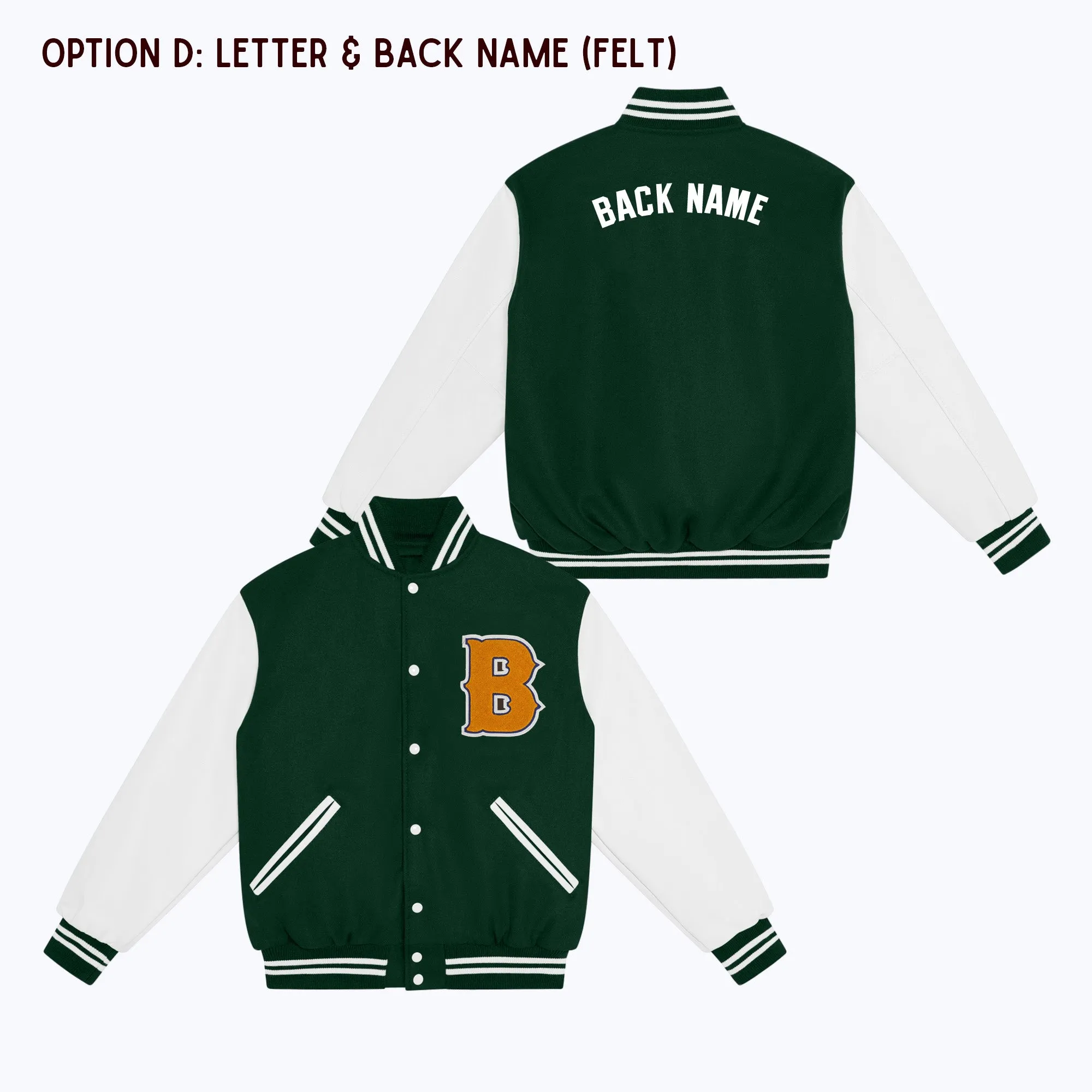 Personalized Adult Wool Leather Varsity Jacket DARK GREEN/WHITE