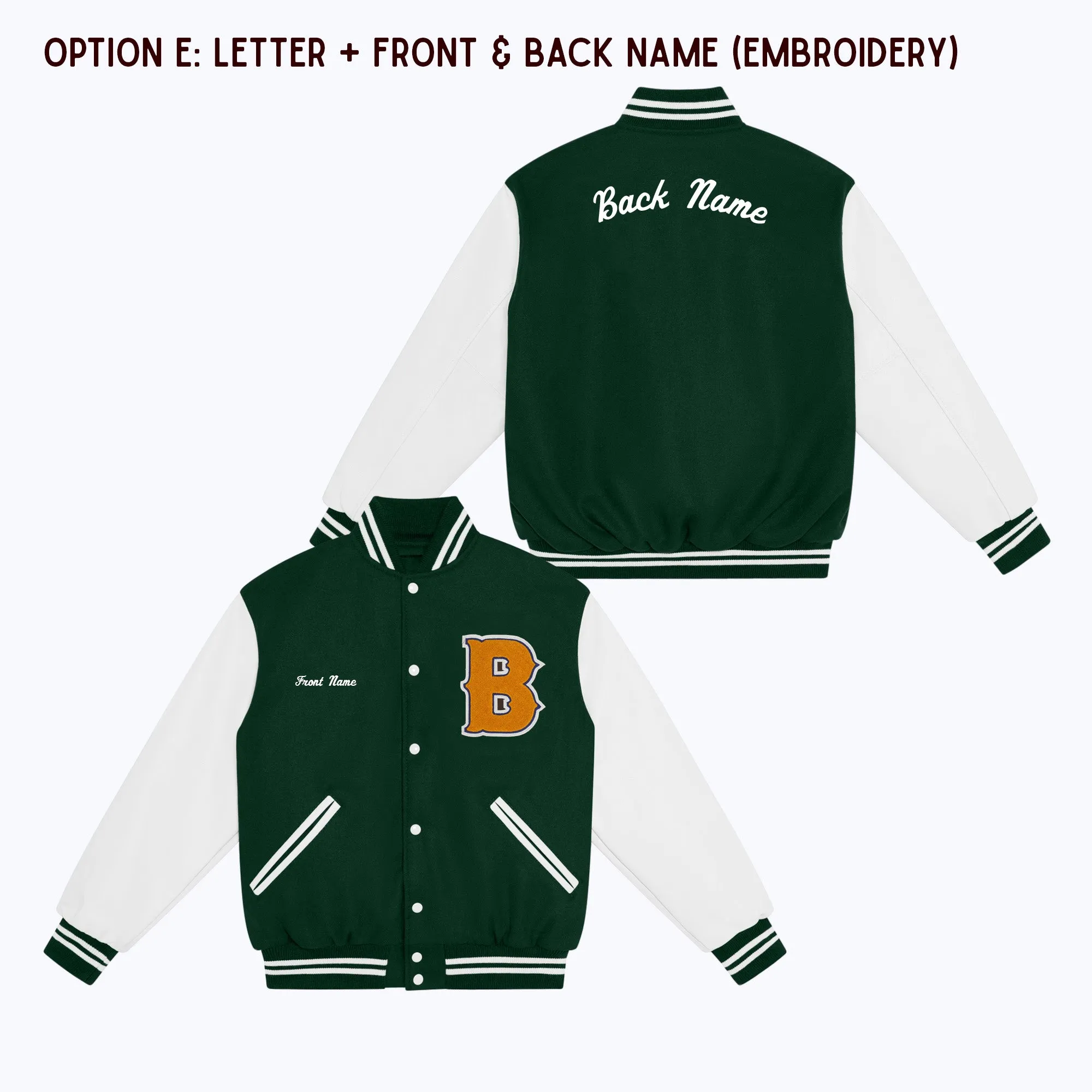 Personalized Adult Wool Leather Varsity Jacket DARK GREEN/WHITE