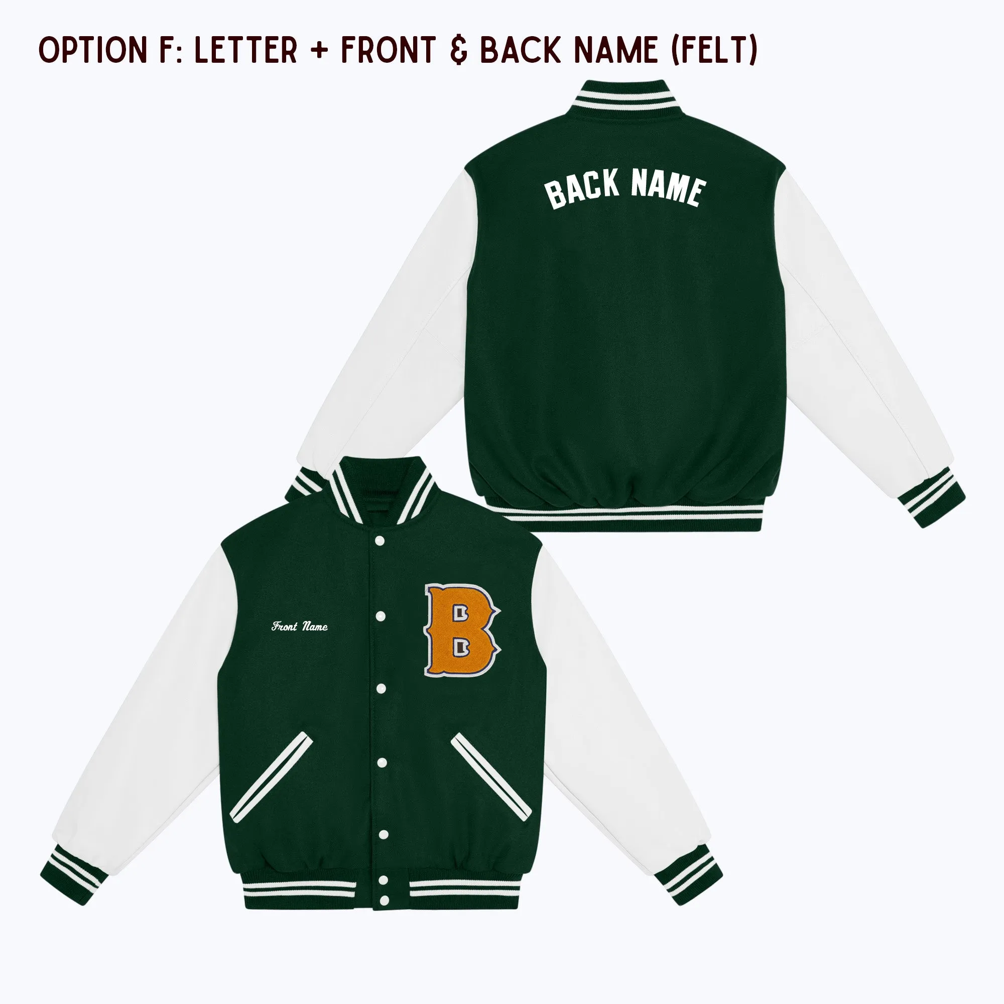 Personalized Adult Wool Leather Varsity Jacket DARK GREEN/WHITE