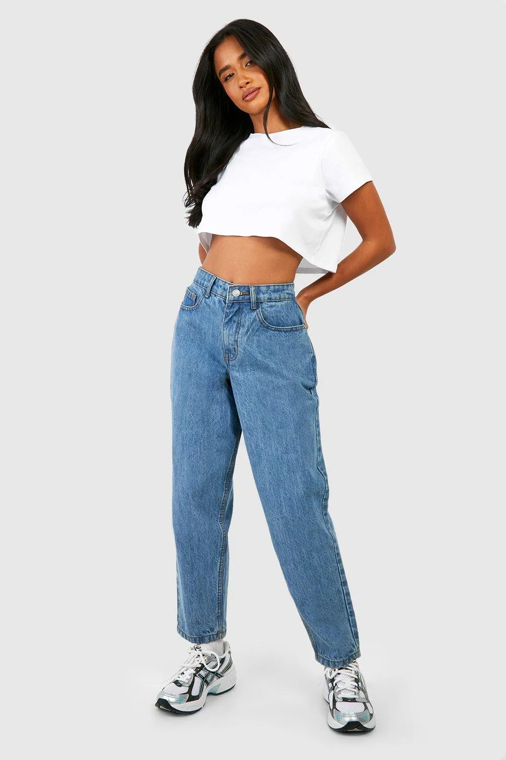 Petite Mid Blue High Rise Mom Jeans 28"