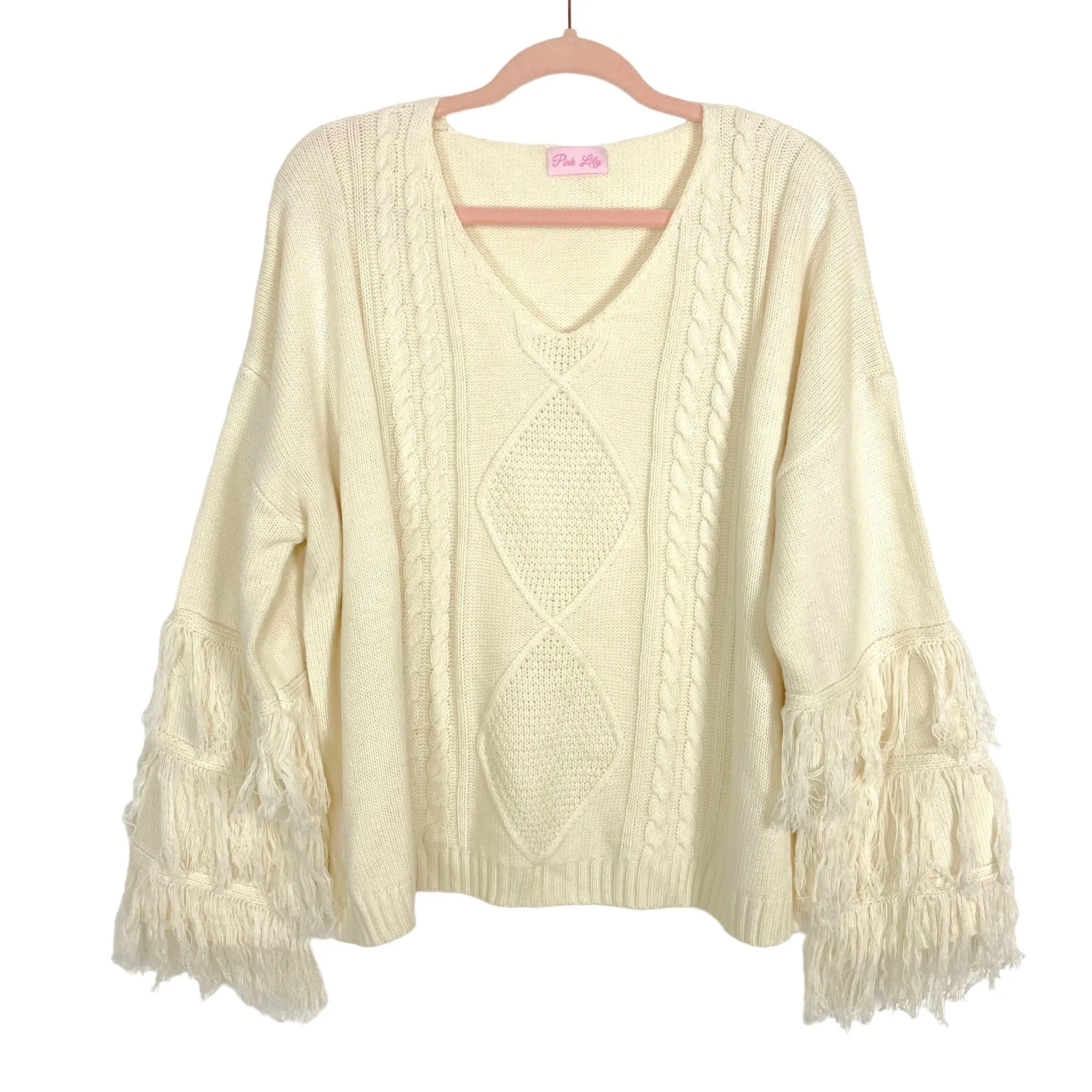 Pink Lily Ivory By the Firelight Fringe Sweater- Size M (sold out online)