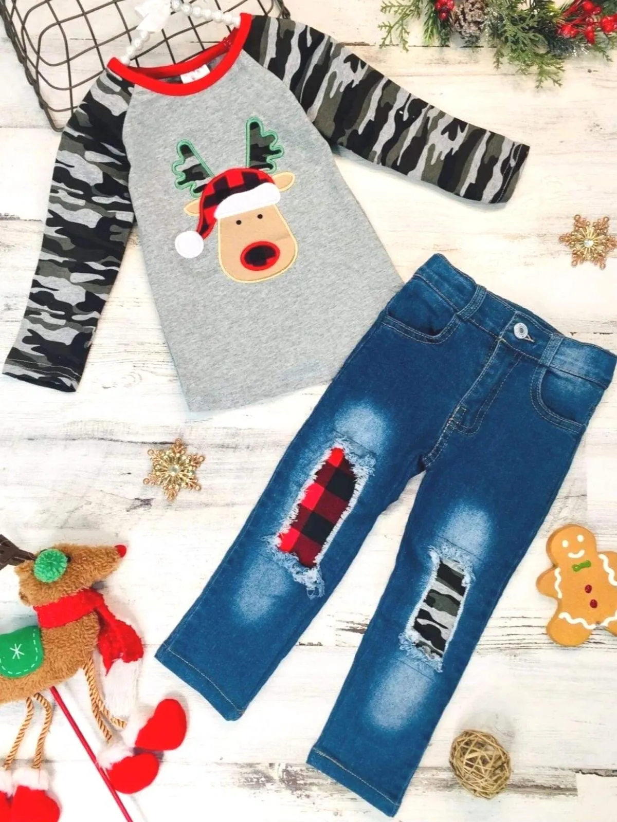 Plaid Rudolph Camo Raglan Top and Patched Jeans Set