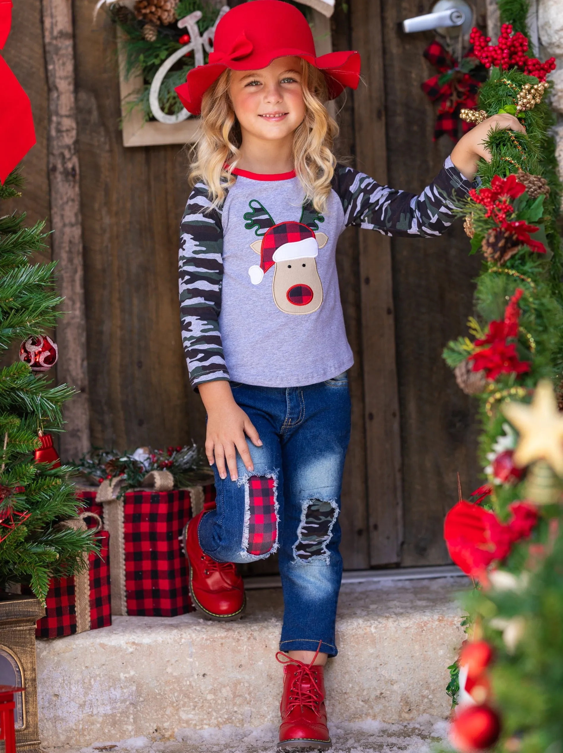 Plaid Rudolph Camo Raglan Top and Patched Jeans Set