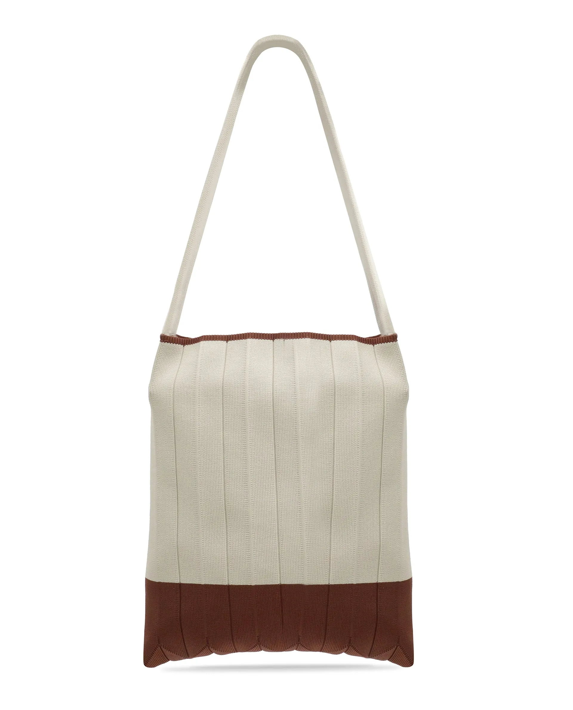 Rareism Articale Women Flounce Beige Fabric Polyester Colorblock Knitted Tote Bag