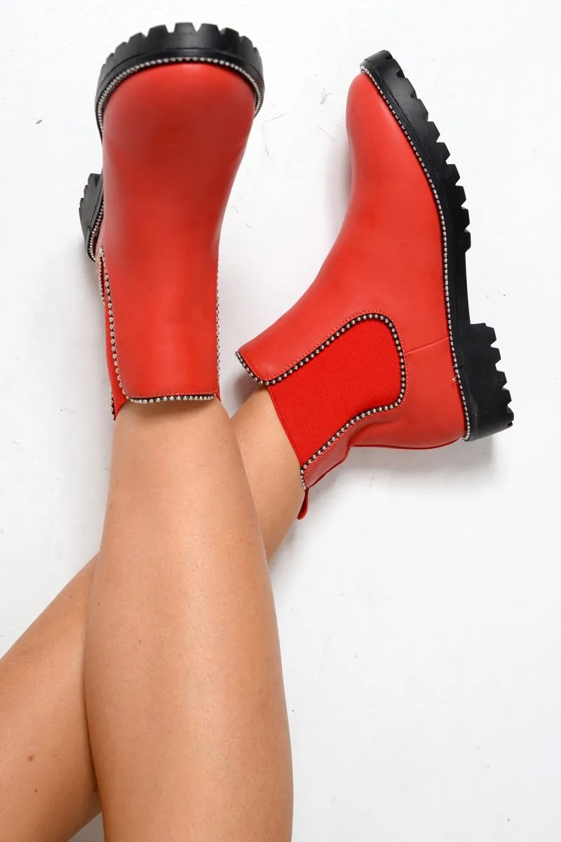 Red PU Stud Detail Ankle Boots - Andie