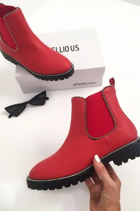 Red PU Stud Detail Ankle Boots - Andie