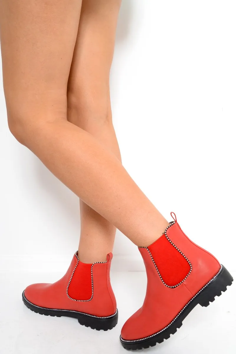 Red PU Stud Detail Ankle Boots - Andie