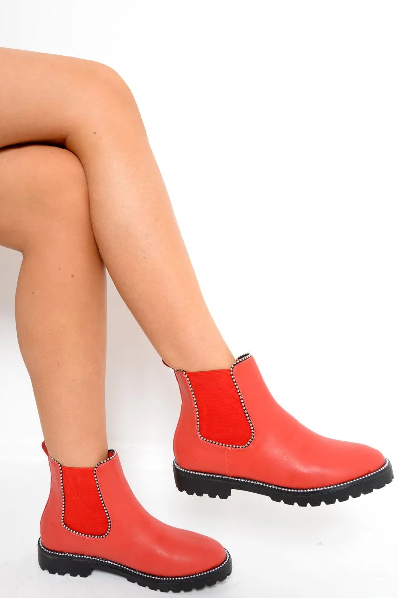 Red PU Stud Detail Ankle Boots - Andie